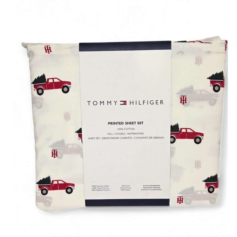 Tommy Hilfiger Christmas Sheet Set Full Size Cotton Red Truck Christmas Tree NEW